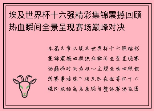 埃及世界杯十六强精彩集锦震撼回顾热血瞬间全景呈现赛场巅峰对决