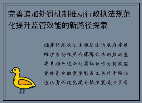完善追加处罚机制推动行政执法规范化提升监管效能的新路径探索